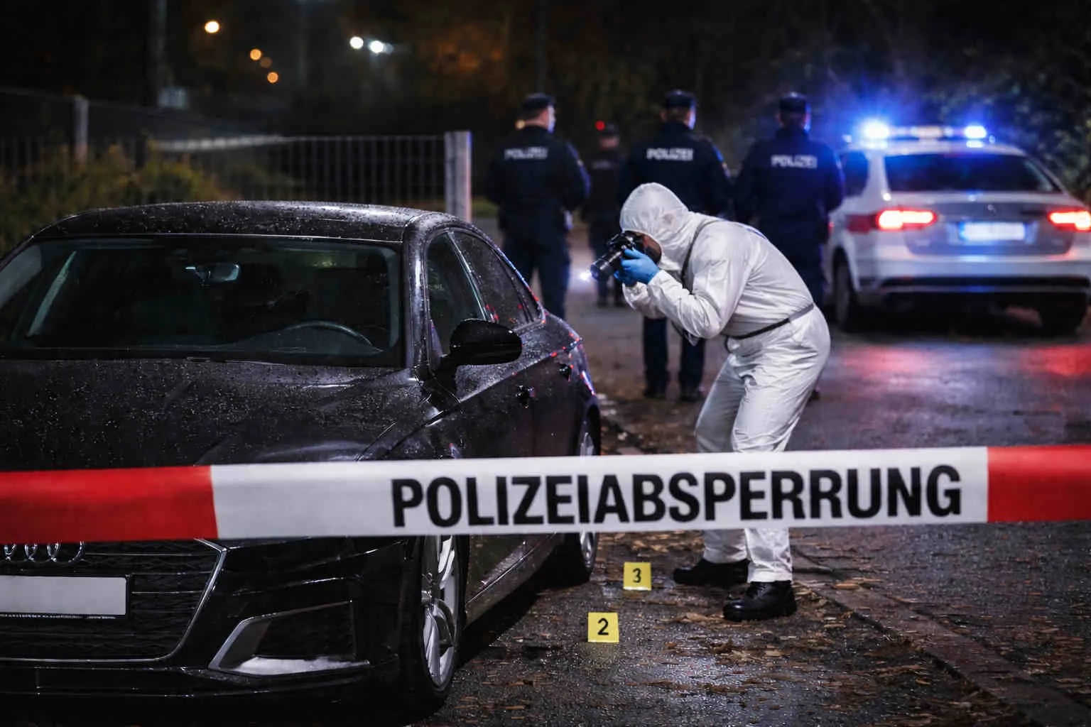 Polizei und Spurensicherung sichern nachts einen Einsatzort mit Absperrband und Fahrzeug.